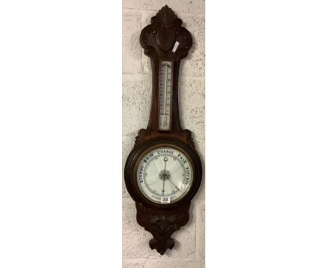 CARVED OAK BANJO BAROMETER / THERMOMETER, NEEDS REPAIR