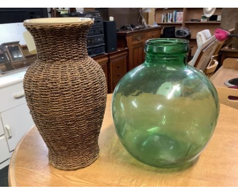 CERAMIC VASE WITH WICKER COVER &amp; GREEN CARBOY 