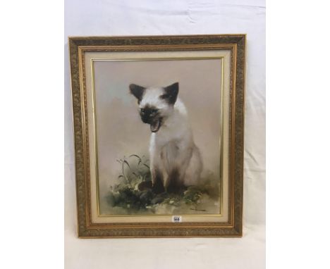 OIL ON CANVAS PORTRAIT OF A SIAMESE KITTEN ENTITLED “CALLING FOR MOTHER”.  INDISTINCTLY SIGNED, IN GOOD GILT FRAME