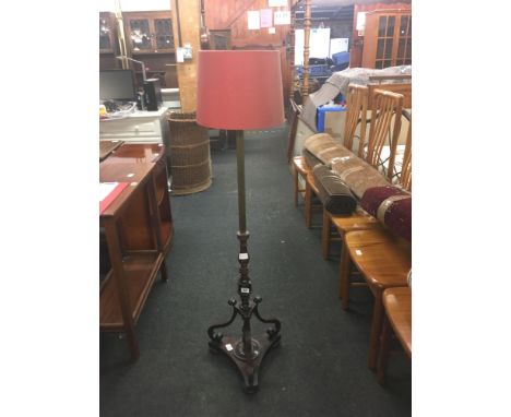 MAHOGANY &amp; BRASS STANDARD LAMP &amp; SHADE ON PEDESTAL BASE