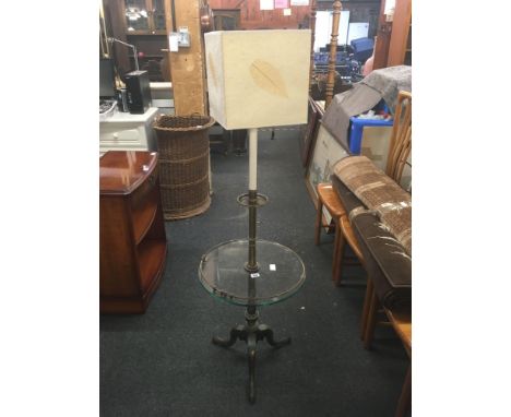 BRASS &amp; GLASS CIRCULAR TABLE / STANDARD LAMP &amp; SHADE WITH PEDESTAL LEGS, GALLERY DETACHED 