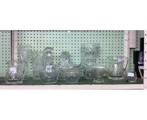 SHELF OF 10 FINE QUALITY CUT GLASS JUGS, VASES, DECANTERS ETC