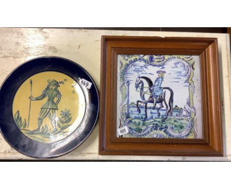 LARGE WOOD FRAMED FRENCH CERAMIC TILE &amp; LARGE POTTERY WALL PLATE OF A SOLDIER 