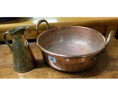 SMALL COPPER PRESERVING PAN WITH BRASS HANDLES &amp; SMALL BRASS ART NOUVEAU PITCHER
