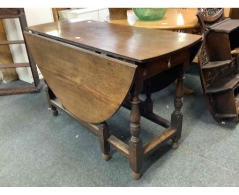 GEORGIAN OAK GATE LEG DINING TABLE WITH TURNED LEGS &amp; DRAWER TO END, 50" X 19"