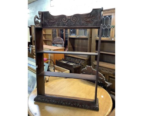 CARVED OAK WALL SHELF, 27" WIDE