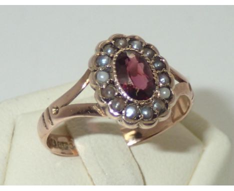 Antique Chester hallmarked 9ct rose gold amethyst and pearl cluster ring with split shoulders size P, 1.8gP&P group 1 (£16 fo