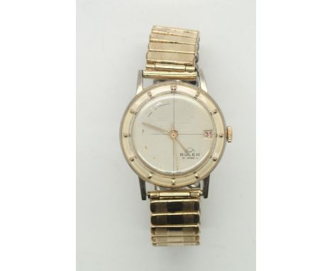 Vintage gents Buler 21 jewels with date gold plated wristwatch on an expanding gold plated bracelet. Working at lotting up.P&