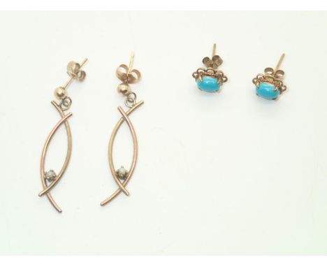 9ct gold pearl set earrings and 9ct gold turquoise set earrings, total weight 2.5gP&P group 1 (£16 for the first item and £1.