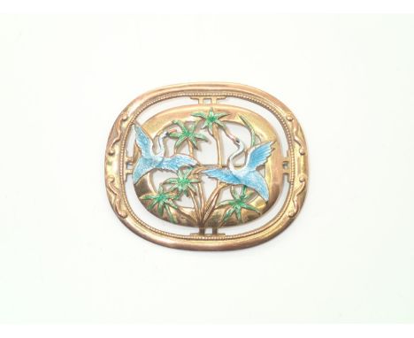 Gold on copper enamel brooch featuring storks in good condition with no enamel chips and functioning pin P&P group 1 (£16 for