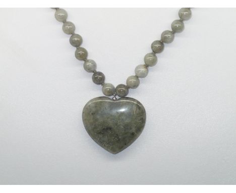 Jade type hardstone bead necklace with a large heart shaped pendant with a sterling silver clasp, L: 45 cmP&P group 1 (£16 fo