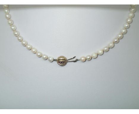 Single strand pearl necklace with a domed circular 9ct and ruby clasp, L: 45 cmP&P group 1 (£16 for the first item and £1.50 