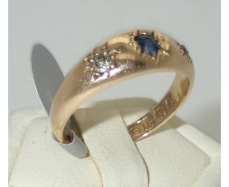 18ct gold antique gypsy style three stone sapphire and diamond ring Size N 4.1g light surface scratches otherwise goodP&P gro