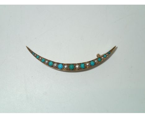 Victorian presumed 15ct gold turquoise and pearl crescent brooch One piece of turquoise chipped, pin is bentP&P group 1 (£16 