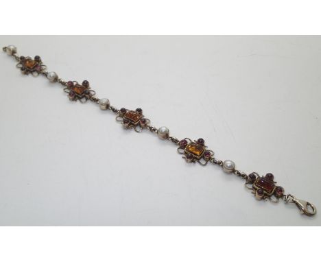 Gilt washed sterling silver, Baltic amber bracelet, also set with ruby and pearl type stones, L: 20 cmP&P group 1 (£16 for th