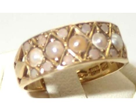 Victorian 18ct gold and pearl ring c1886 size N, 3.8g Wear to pearls, inscribed ' from ASG July 7 1886P&P group 1 (£16 for th