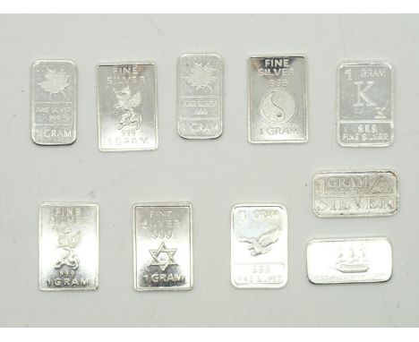 Ten assorted 1g pure silver barsP&P group 1 (£16 for the first item and £1.50 for subsequent items) 