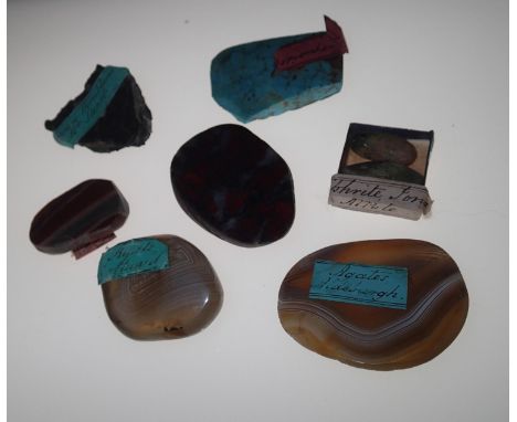 Loose stones: good collection of large natural stones including banded agate and turquoise, all with Victorian collectors' la