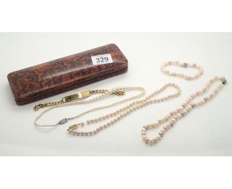 Three pearl necklaces and a yellow metal identity braceletP&P group 1 (£16 for the first item and £1.50 for subsequent items)