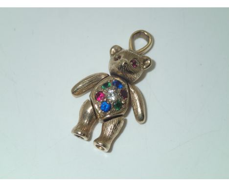 9ct gold articulated stone set teddy bear pendant, H: 25 mm, 8.2gP&P group 1 (£16 for the first item and £1.50 for subsequent