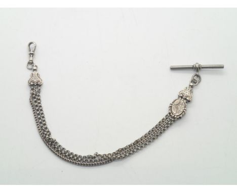 White metal three strand watch chain with T-bar and crocodile clipP&P group 1 (£16 for the first item and £1.50 for subsequen
