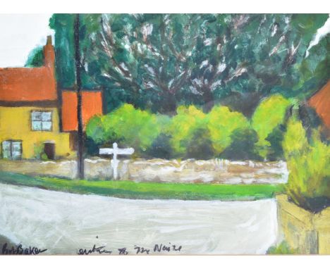 From The Estate Of Bob Baker - Artwork - 'Entrance' - acrylic on paper painting of a village scene. Signed to the corner by B