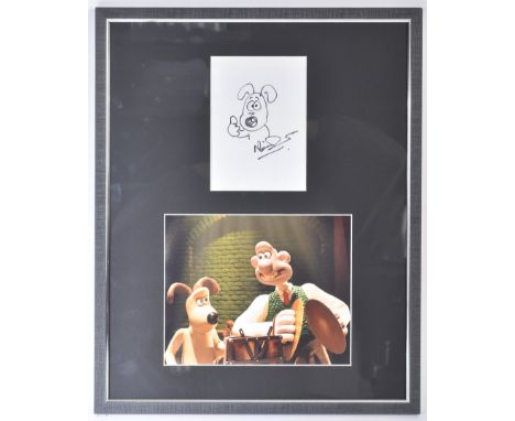Wallace &amp; Gromit - Nick Park (creator) - sketch of Gromit in black ink, signed. Undedicated. Mounted atop an image of the