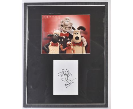 Wallace &amp; Gromit / Shaun The Sheep - Nick Park (creator) - sketch of Shaun in black ink, signed. Undedicated. Mounted ben