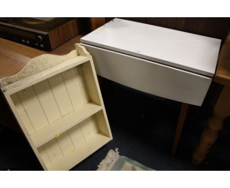 A RETRO WHITE DROPLEAF TABLE AND A HANGING SHELF (2)