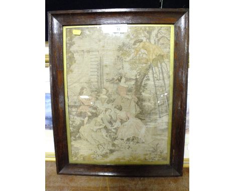AN OAK FRAMED AND GLAZED 19TH CENTURY TAPESTRY 