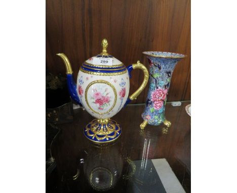 A VINTAGE SPODE FLORAL FOOTED VASE' TOGETHER WITH A FRANKLIN MINT HOUSE OF FABERGE TEAPOT (2) 