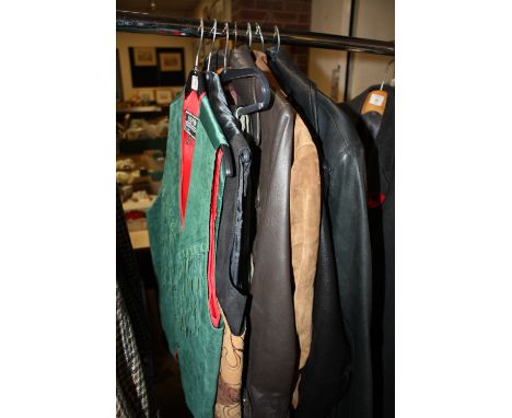 THREE VINTAGE RETRO LEATHER COATS TOGETHER WITH A SUEDE EXAMPLE AND A SMALL SELECTION OF VINTAGE WAISTCOATS AND LEATHER TROUS