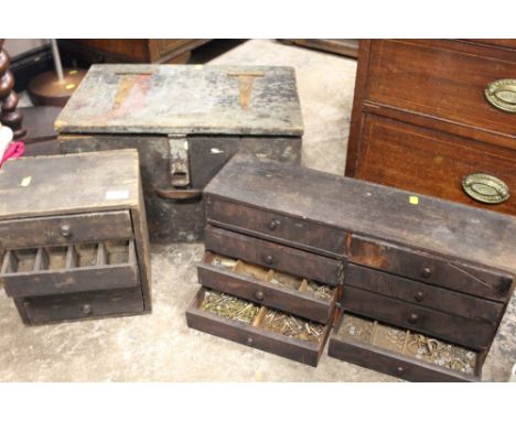 A VINTAGE TOOL CHEST TOGETHER WITH TWO MINIATURE SETS OF DRAWERS WITH CONTENTS