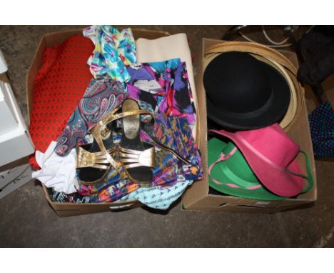 A BOX OF VINTAGE FABRIC TOGETHER WITH A TRAY OF HATS AND BAGS TO INC A VINTAGE BOWLER HAT (2)