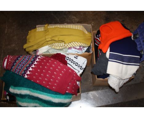 THREE BOXES OF ASSORTED VINTAGE / RETRO CLOTHING TO INC 1970S / 1980S KNITWEAR' SHELL SUIT ETC