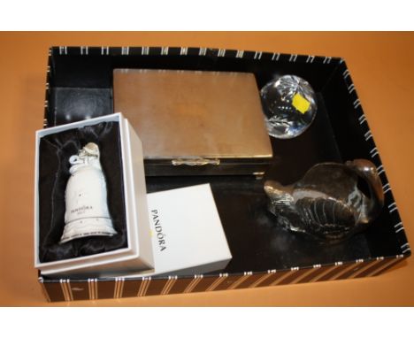 A SMALL BOX OF COLLECTABLES TO INC A SLIVER PLATED CIGAR BOX' A PANDORA CERAMIC BELL ETC