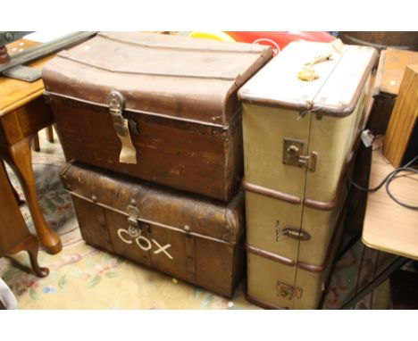 A VINTAGE BANDED PACKING TRUNK - A/F TOGETHER WITH TWO TIN TRUNKS (3)