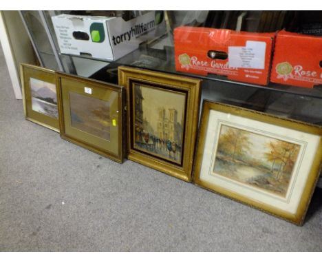 FOUR VINTAGE PICTURES TO INCLUDE AN OIL PAINTING OF A STREET SCENE AND A WATERCOLOUR OF A RURAL SCENE