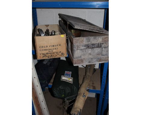 A VINTAGE BOX ETC PLUS CAMPING EQUIPMENT&nbsp;AND SMALL LATHE