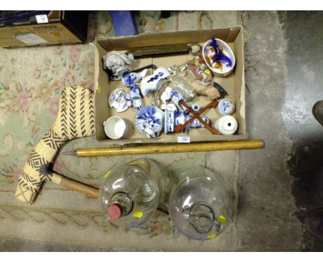 A BOX OF BLUE AND WHITE DELFTWARE CERAMICS' TOGETHER WITH TWO DEMI JOHNS AND TWO TREEN ITEMS 