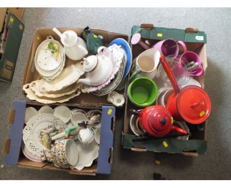 THREE TRAYS OF ASSORTED CERAMICS TO INCLUDE A ROYAL DOULTON MONACO TEAPOT' ENAMELLED ITEMS ETC. 