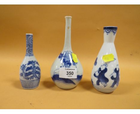 TWO ORIENTAL BLUE &amp; WHITE CERAMIC BUD VASES TOGETHER WITH ANOTHER WITH FOUR CHARACTER BACK STAMP 