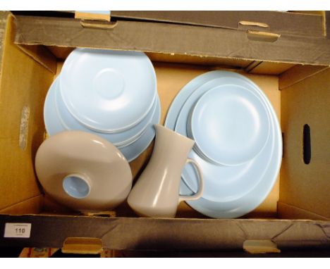 TWO TRAYS OF RETRO POOLE LIGHT BLUE AND GREY TEA AND DINNERWARE 