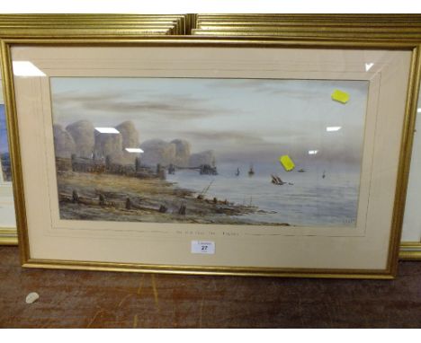 A FRAMED AND GLAZED WATERCOLOUR ENTITLED ,THE OLD CHAIN PIER' BRIGHTON, SIGNED E. EARP OVERALL SIZE INCLUDING FRAME - 64CM X 