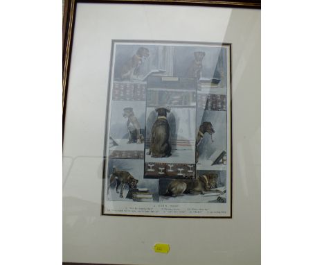 A FRAMED &amp; GLAZED VINTAGE PRINT ENTITLED A DOG NOVEL TOGETHER WITH A COLLECTION OF FIVE PRINTS TO INCLUDE THE POTTERY,S E