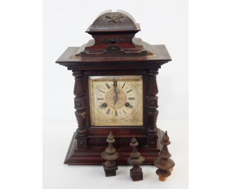 Victorian mahogany mantel clock with square dial having split pilaster case 