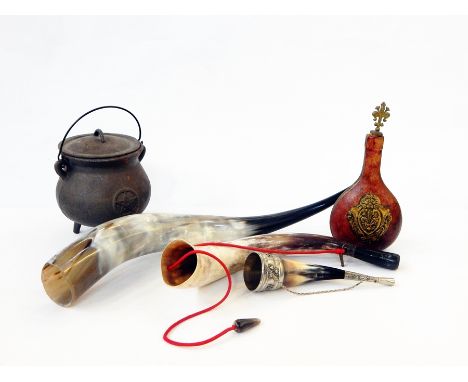 Four horn vessels, some variously mounted, iron cauldron with lid, copper hanging lantern, stoneware model dragon on an egg (