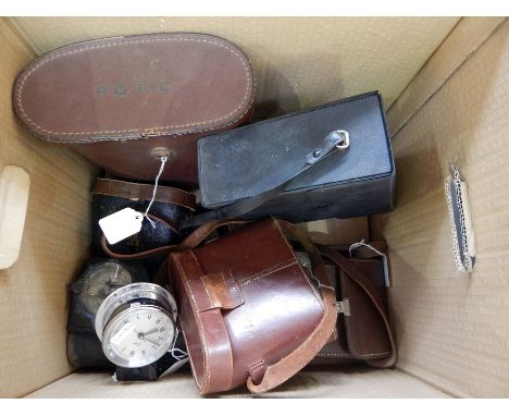 Ensign camera, four binoculars and field glasses, compass, telescopes, lenses and a yacht clock 