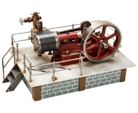 A STUART MODEL OF A HORIZONTAL STEAM 'MILL' ENGINE&nbsp;mounted on a raised platform base with railings and brick effect base