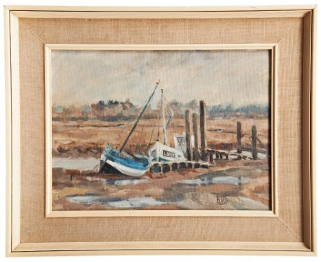 CHARLOTTE HOYT DESMOND, 'BOATS - NORFOLK COAST',&nbsp;oil on canvas, Herbert Tomlinson. ‘Low Tide with Moon Light’, tempura, 